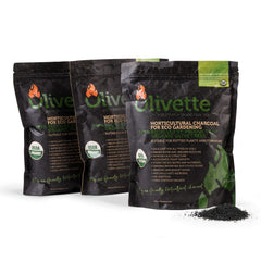 Olivette front packaging showing three organic biochar bags and benefits