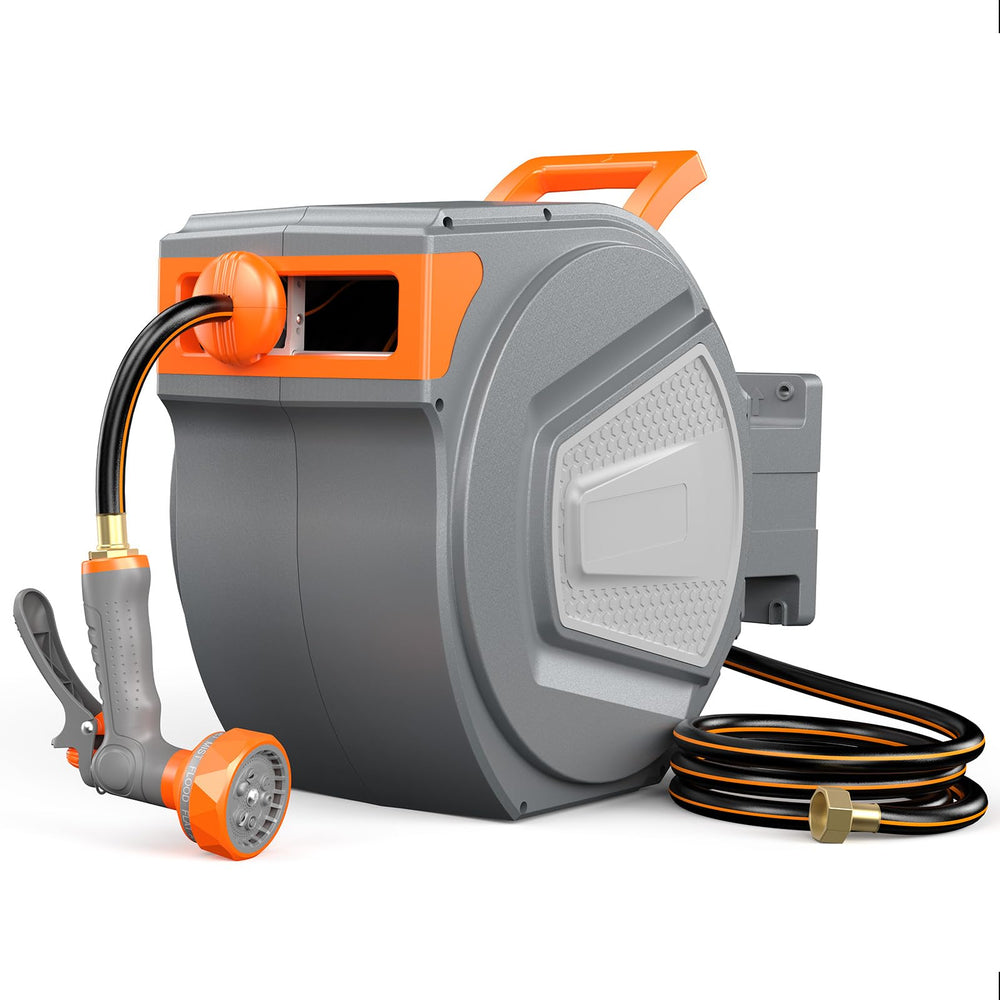 OLIXIS retractable hose reel front view showing compact storage and tidy design