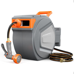 OLIXIS retractable hose reel front view showing compact storage and tidy design