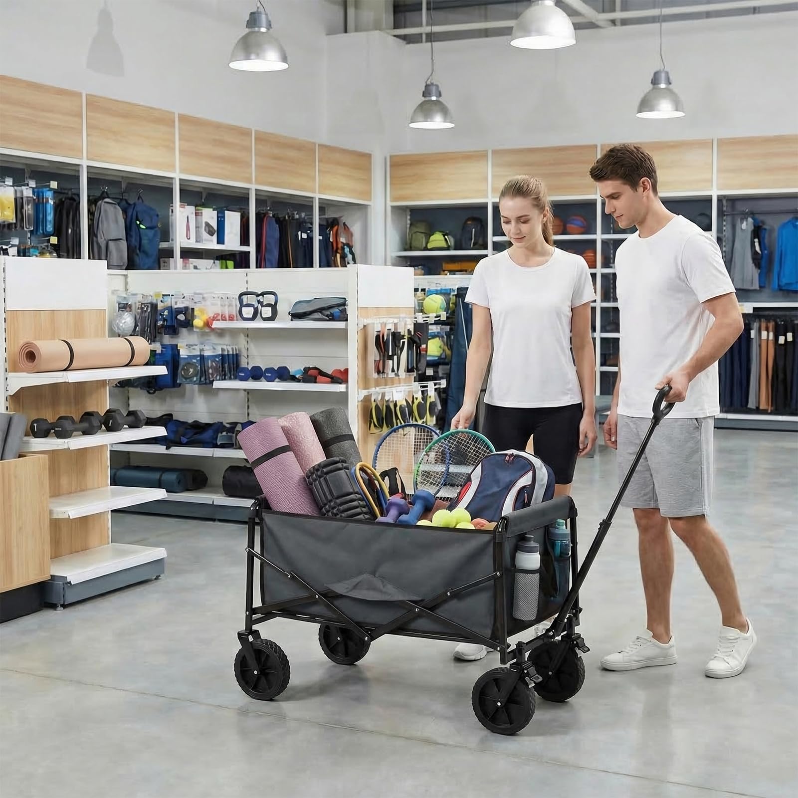 OLIXIS wagon next to car trunk to show compact folded size and portability benefit