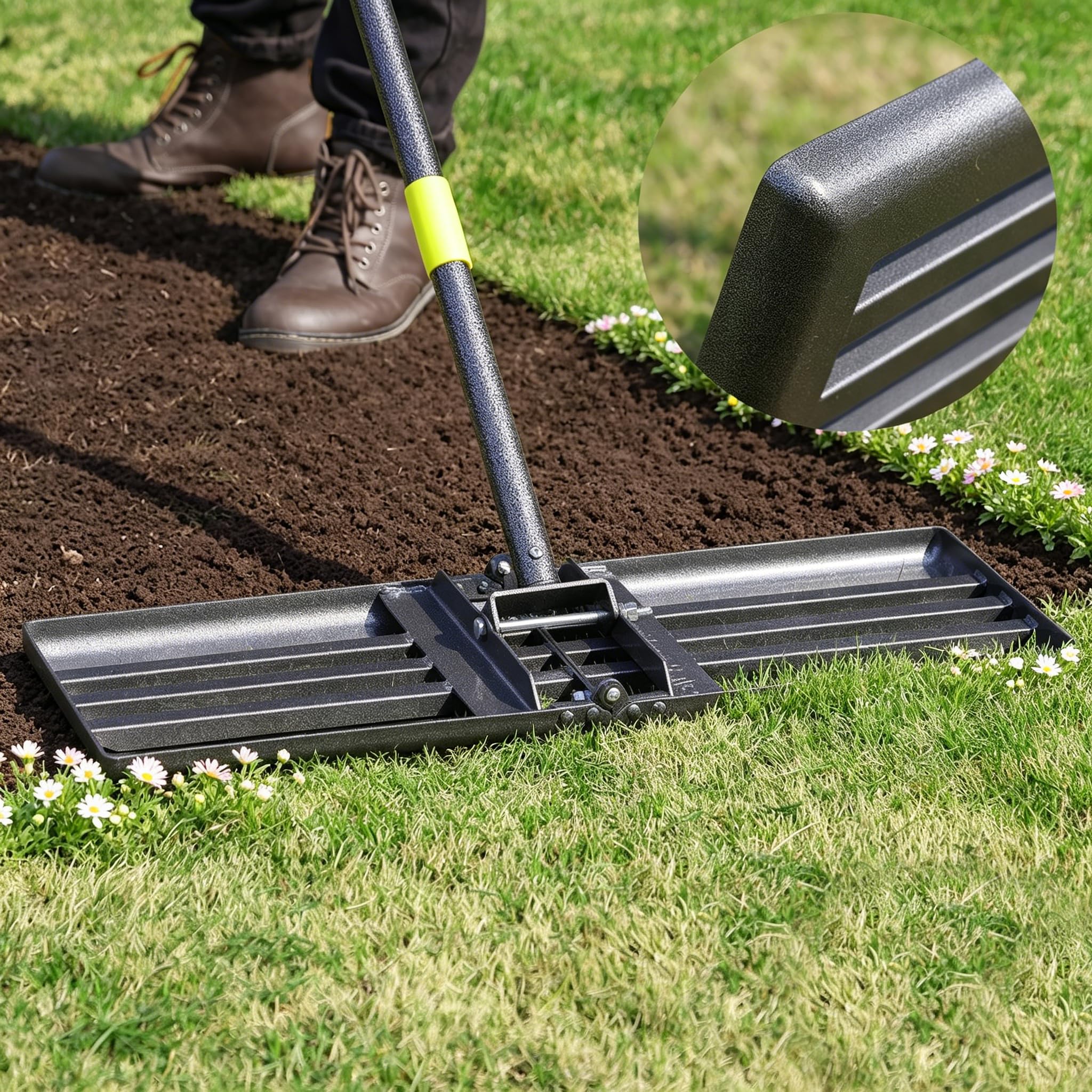 Oliynedy front view showing 30-inch ground plate for faster leveling