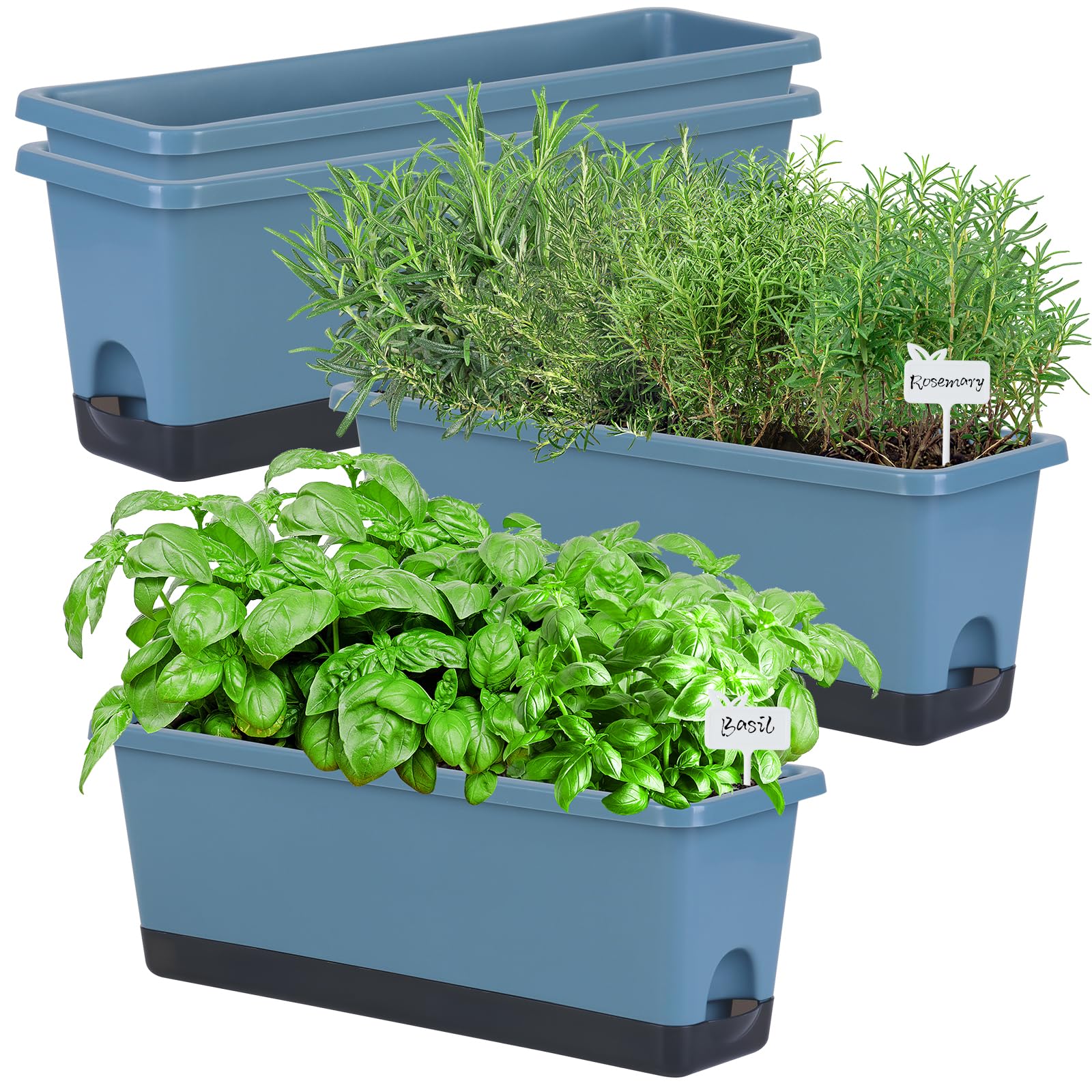 Oliz front view of blue 17 inch planter showing sleek profile and space saving design