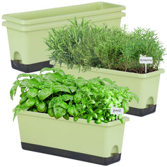 Oliz front view of four light green window box planters showing tidy design and space-saving benefit