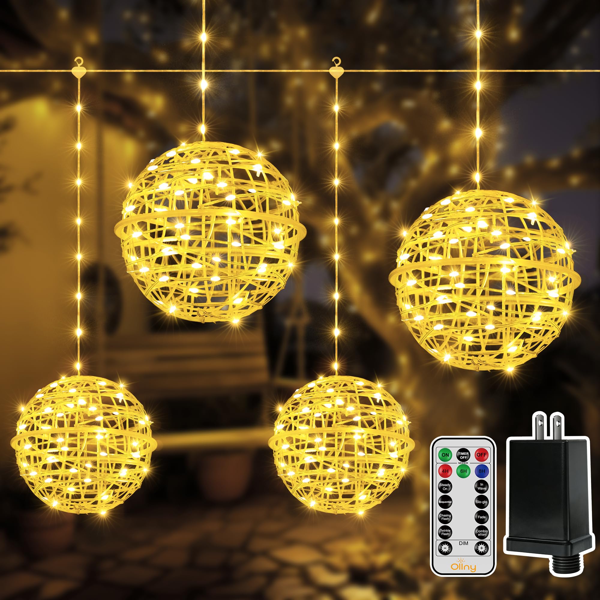 Ollny front packaging showing 4-pack globe string lights and plug