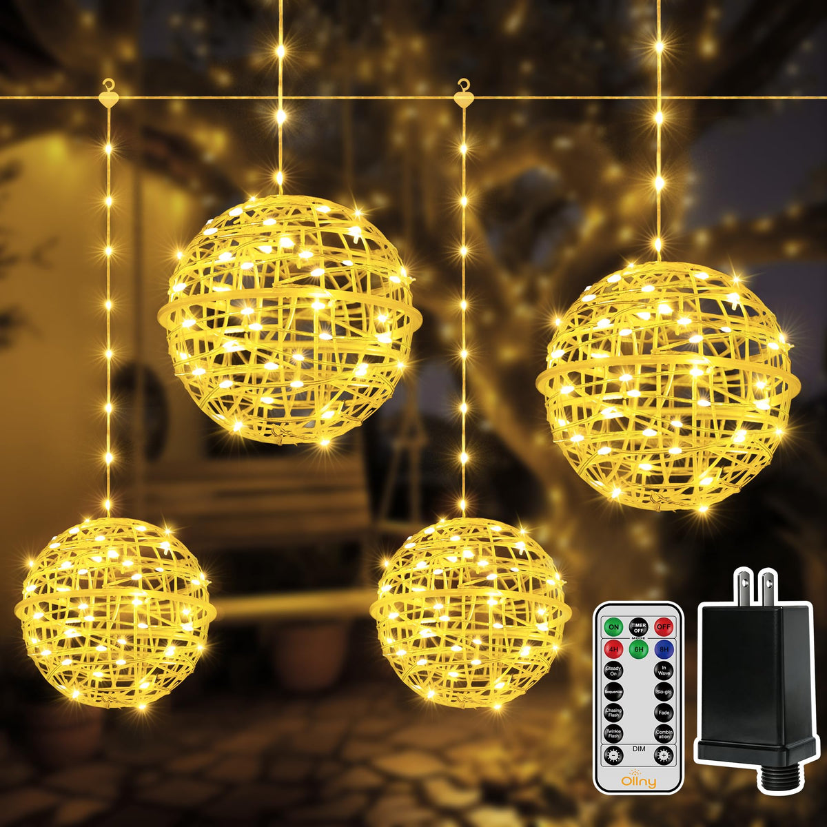 Ollny front packaging showing 4-pack globe string lights and plug