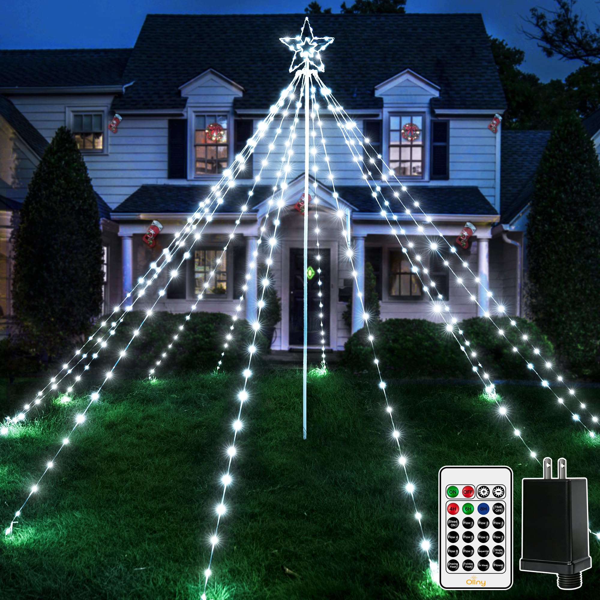 Ollny full tree view showing cool white LEDs and star topper for instant yard impact