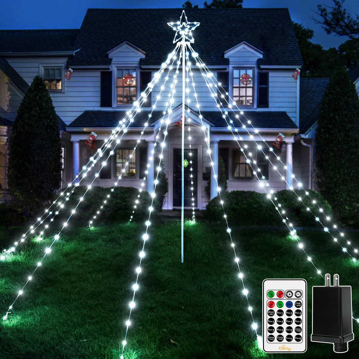 Ollny full tree view showing cool white LEDs and star topper for instant yard impact