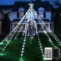 Ollny full tree view showing cool white LEDs and star topper for instant yard impact