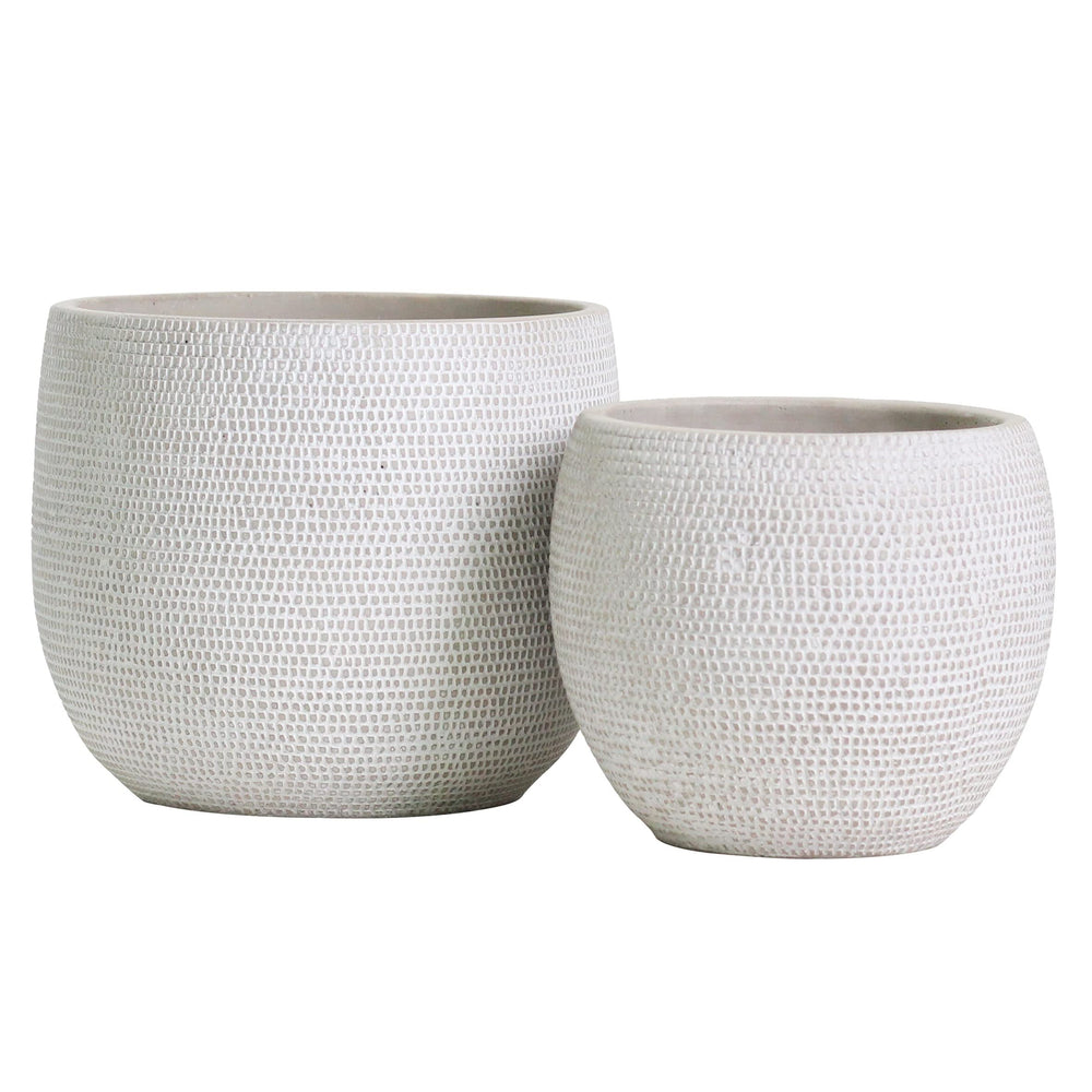 Olly & Rose front view of two white Barcelona ceramic pots showing elegant silhouette and display benefit
