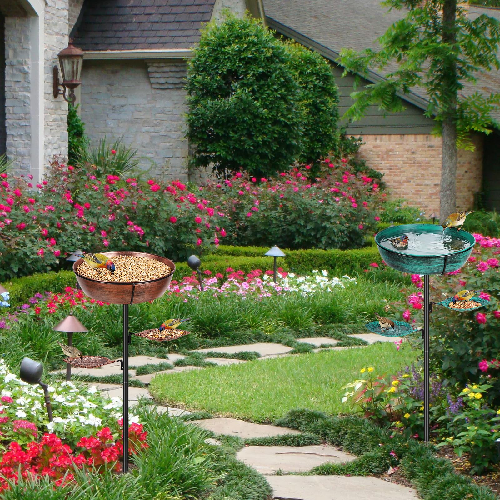 Olpchee full assembled bird bath side view showing compact profile and garden-ready look