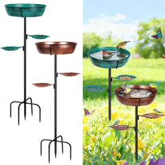 Olpchee front view of two-pack bird baths showing bronze and green bowls and benefit of dual finishes