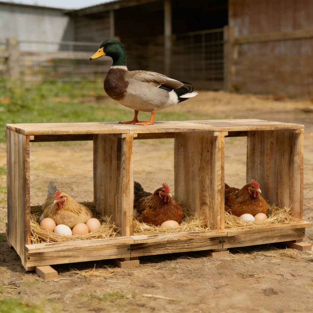 Oltara nest box in use with hens entering compartments for private, secure laying