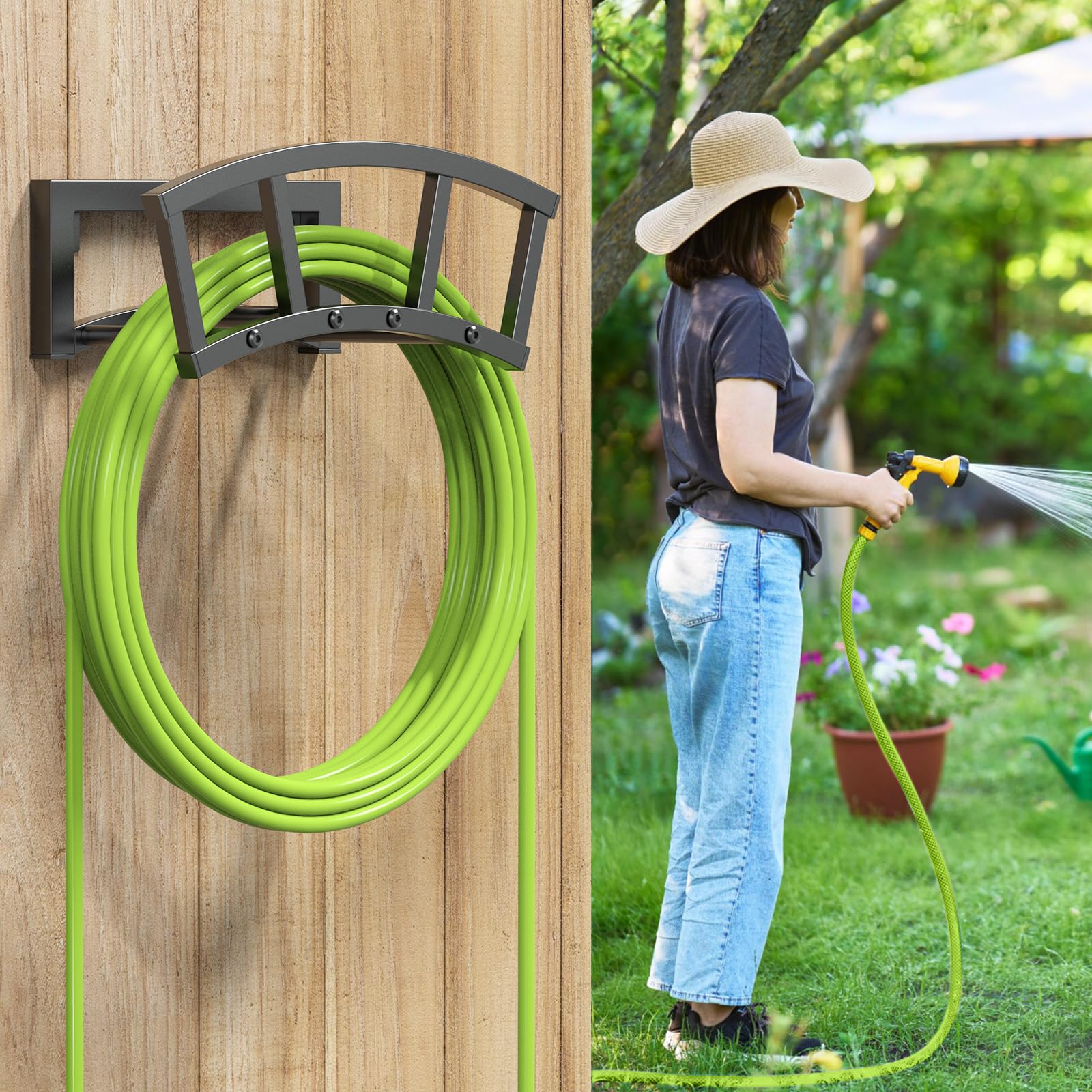 OLV lifestyle garden setting with hose in use showing organized yard benefit