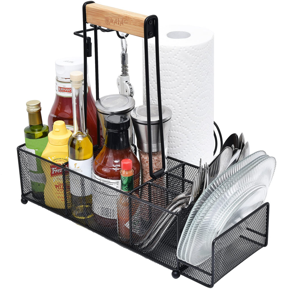 OMAIA front view of caddy showing compartments and rustic look for organized outdoors