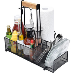 OMAIA front view of caddy showing compartments and rustic look for organized outdoors