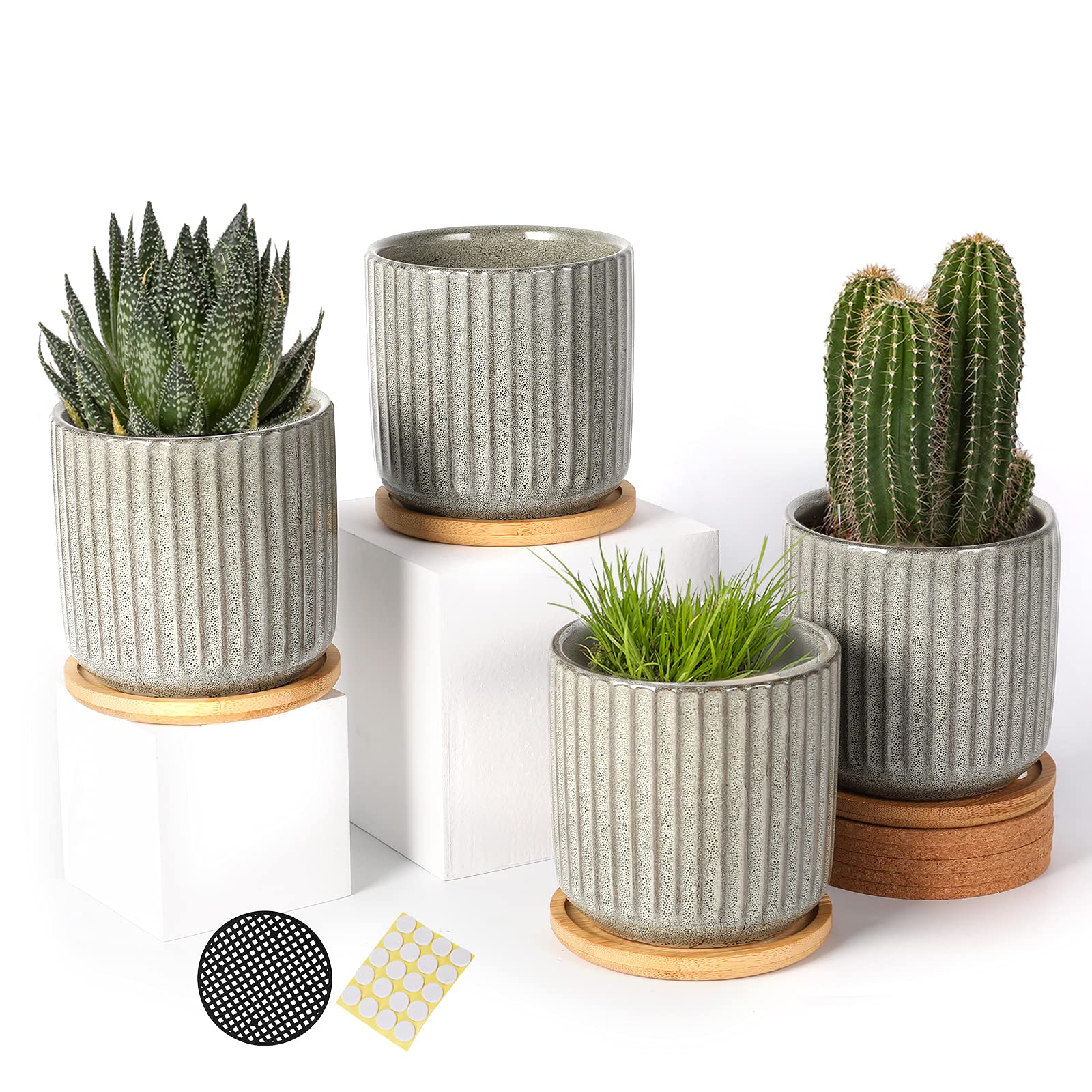 OMAYKEY front view of stripe grey-green pots showcasing modern style and space-saving benefit