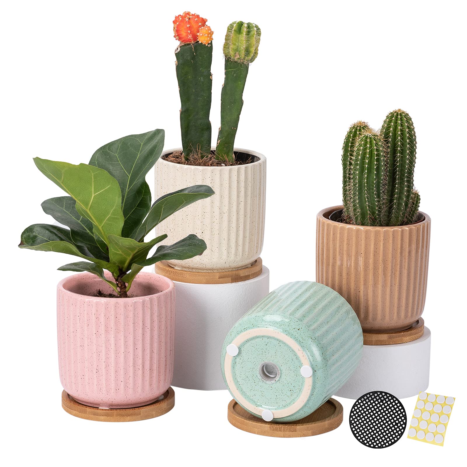 OMAYKEY front view of four multicolor pots showing stylish stripes and decor benefit