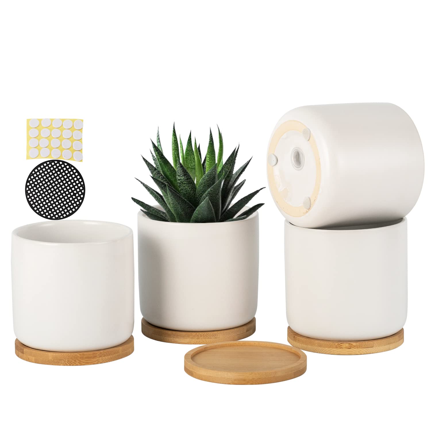 OMAYKEY front view of white ceramic pot with saucer shows clean modern look and surface protection