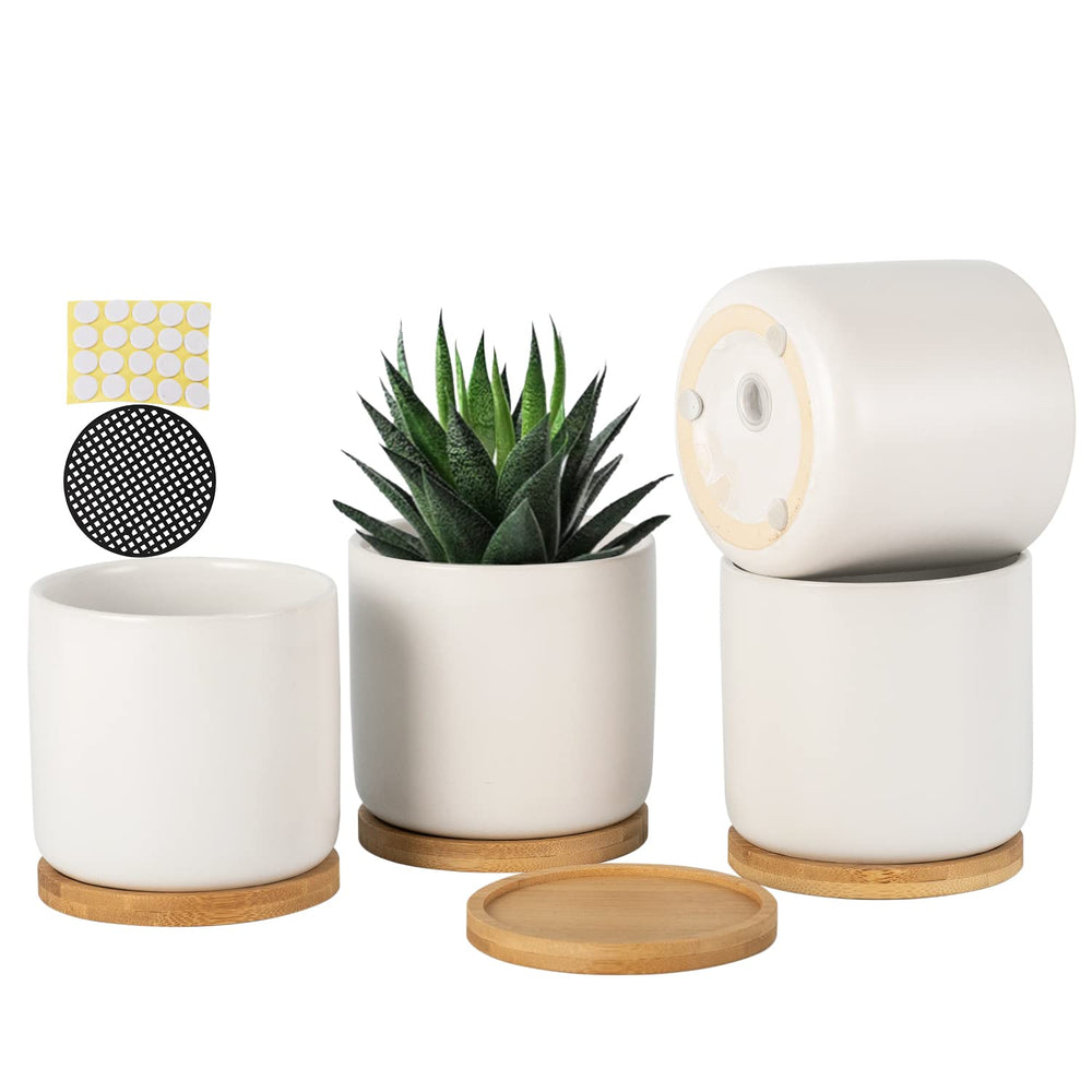 OMAYKEY front view of white ceramic pot with saucer shows clean modern look and surface protection