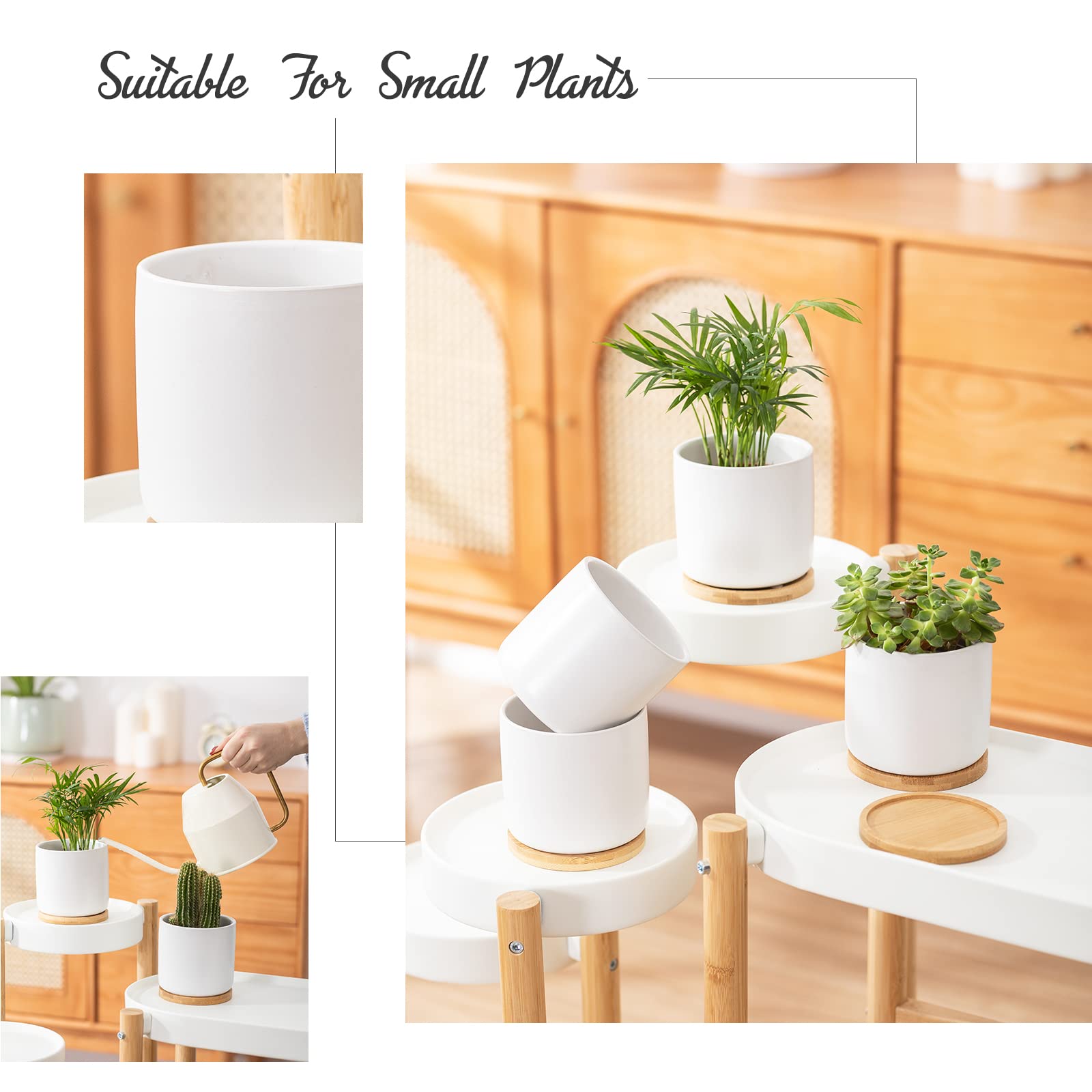 OMAYKEY four white pots styled on wooden shelf demonstrating grouped display and modern decor