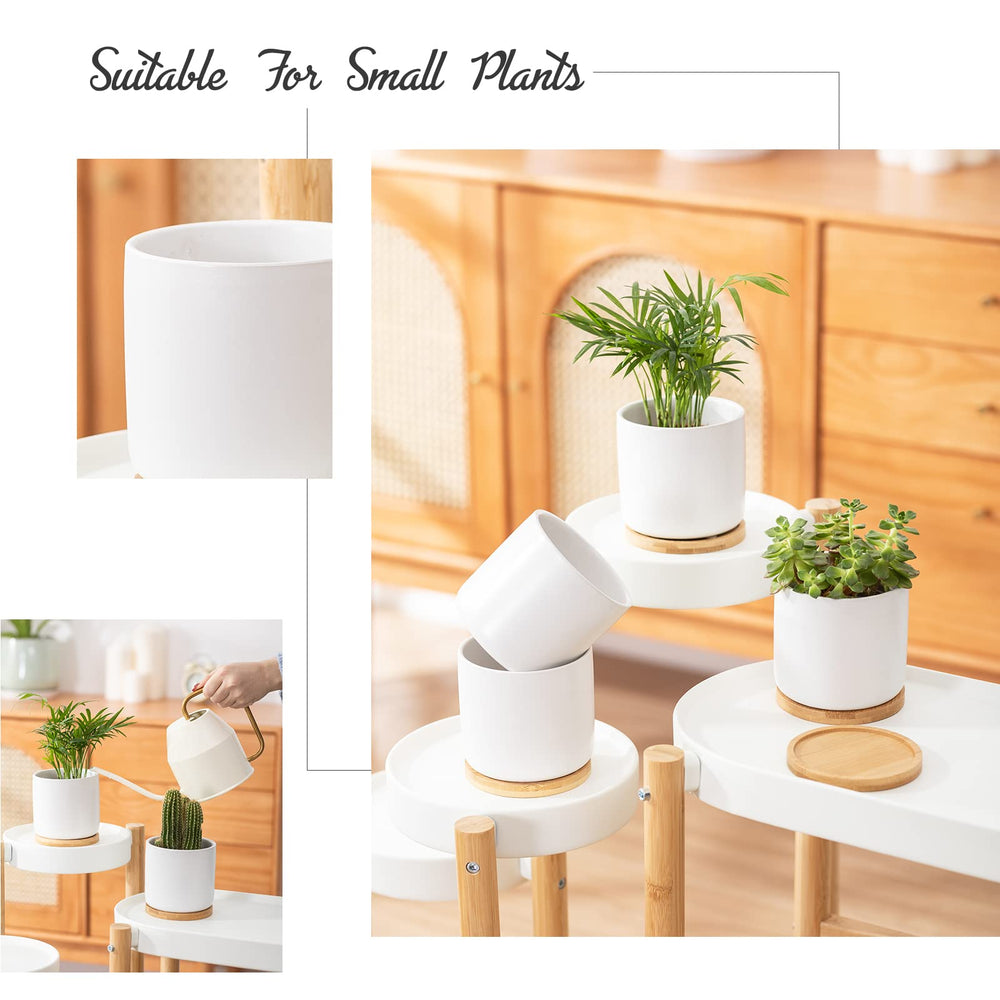 OMAYKEY four white pots styled on wooden shelf demonstrating grouped display and modern decor