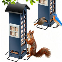 OMEUTY front view of blue tube feeder showing ports and hanging loop for easy placement