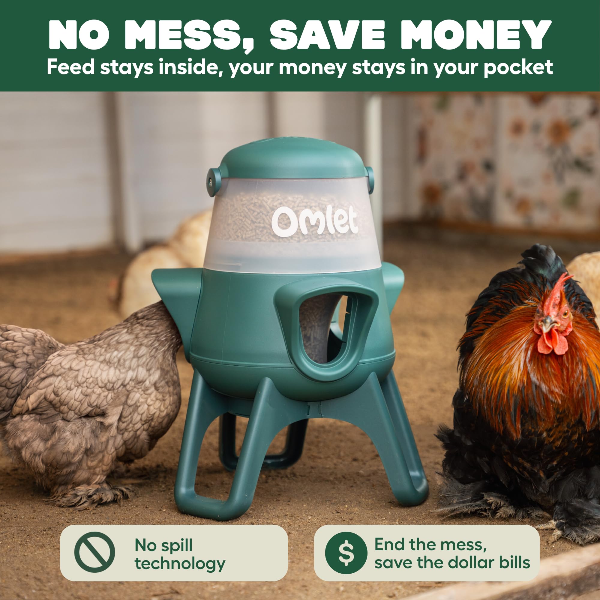 Omlet close-up of three enclosed ports reducing feed scatter and fights