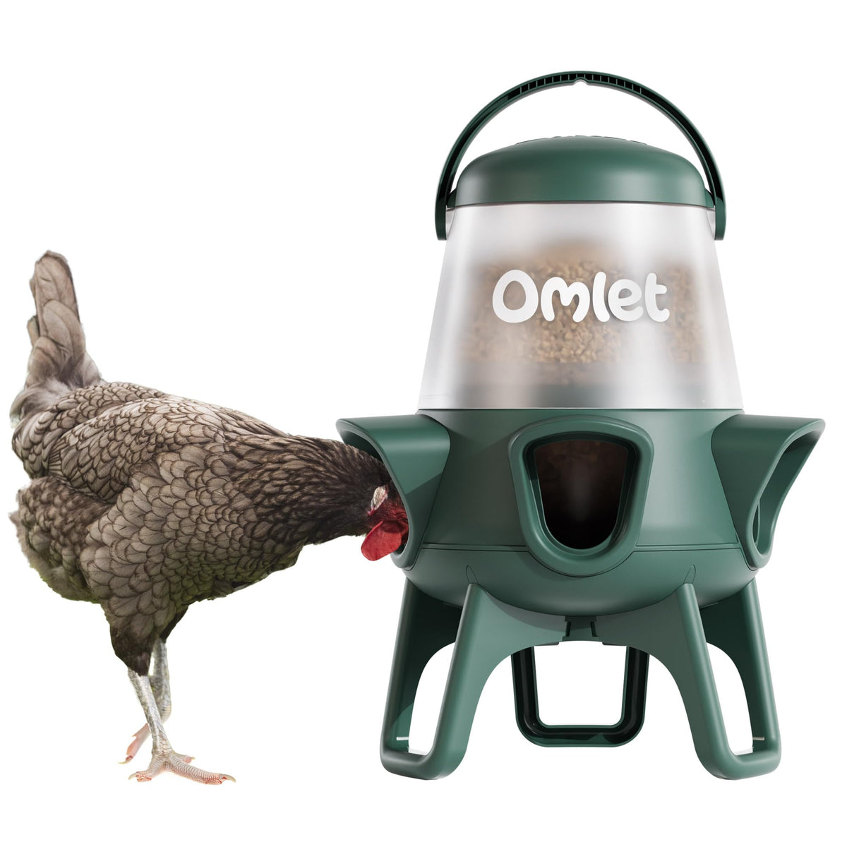 Omlet feeder front view showing full 12 lb capacity and tidy design