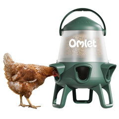 Omlet feeder front view showing ports and capacity, reduces feed waste