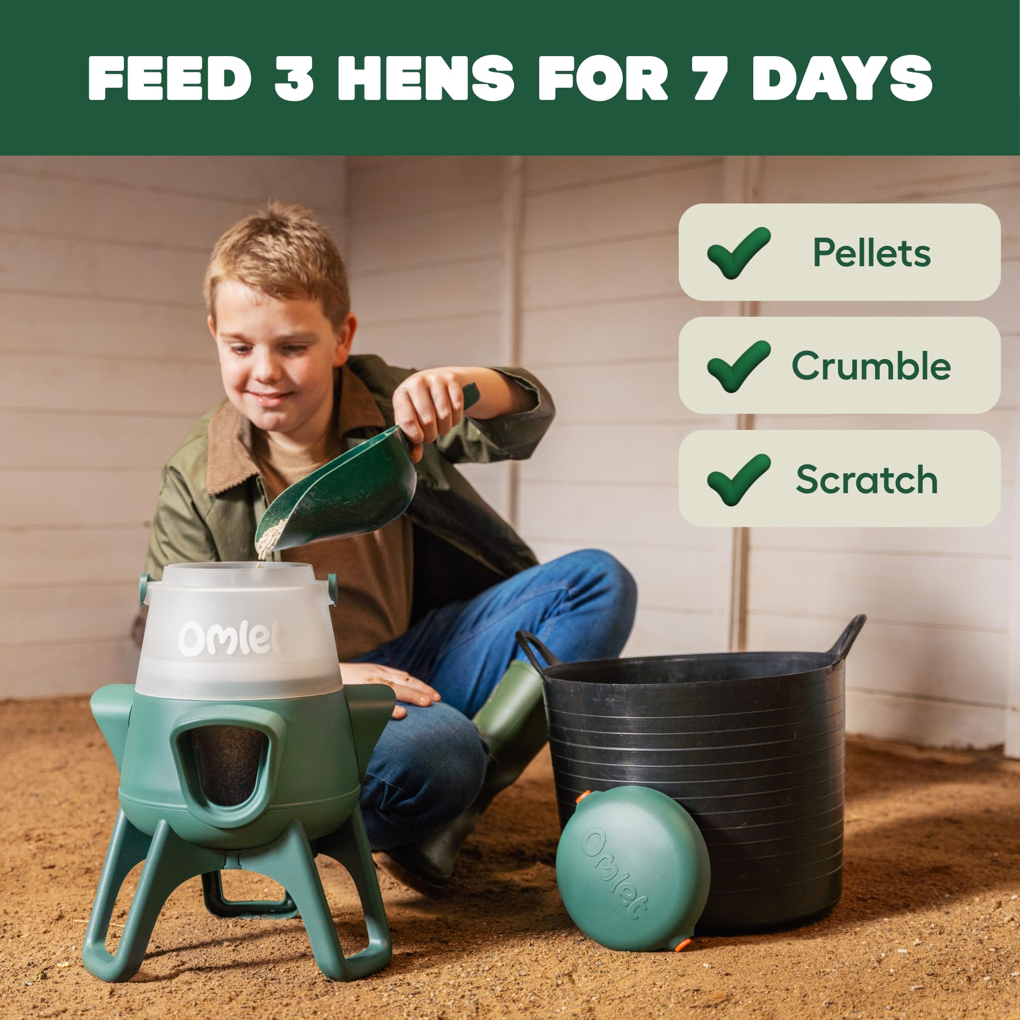 Omlet feeder lid and locking hinge secure feed and prevent spills