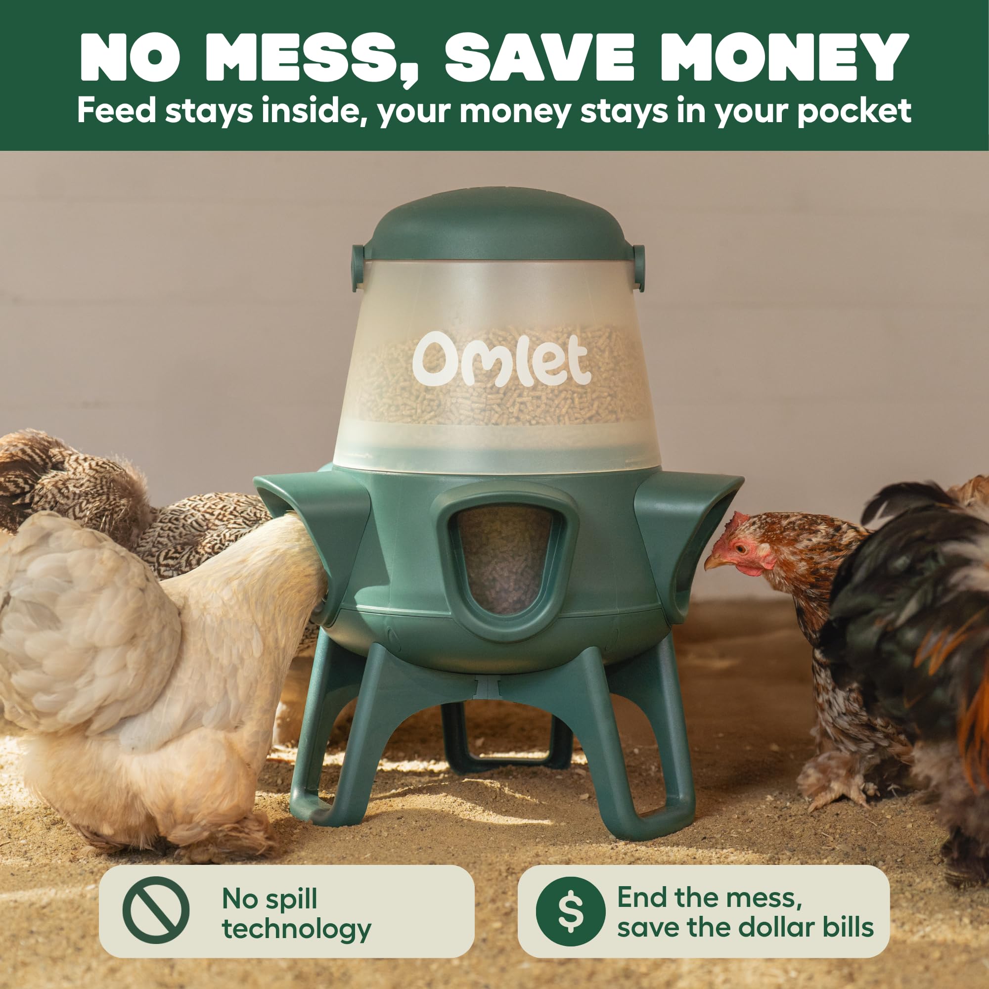 Omlet feeder close-up of enclosed feeding ports reducing feed waste