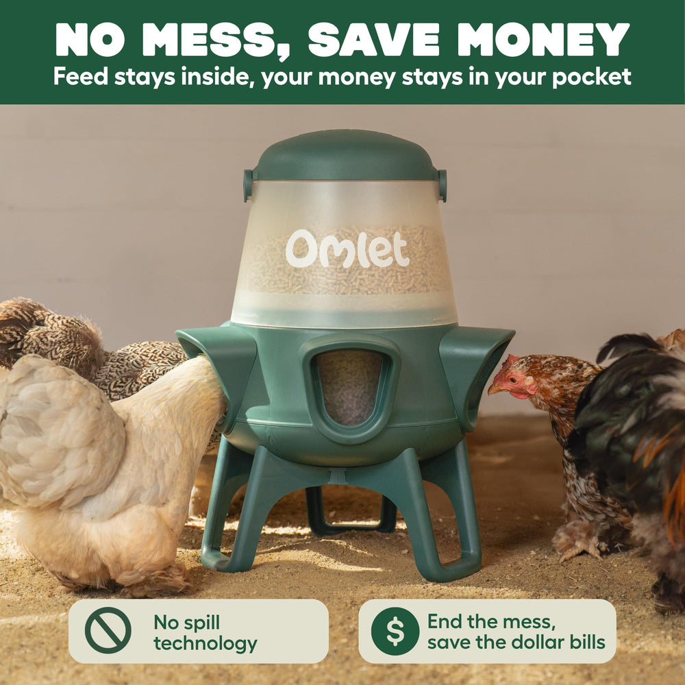 Omlet feeder close-up of enclosed feeding ports reducing feed waste