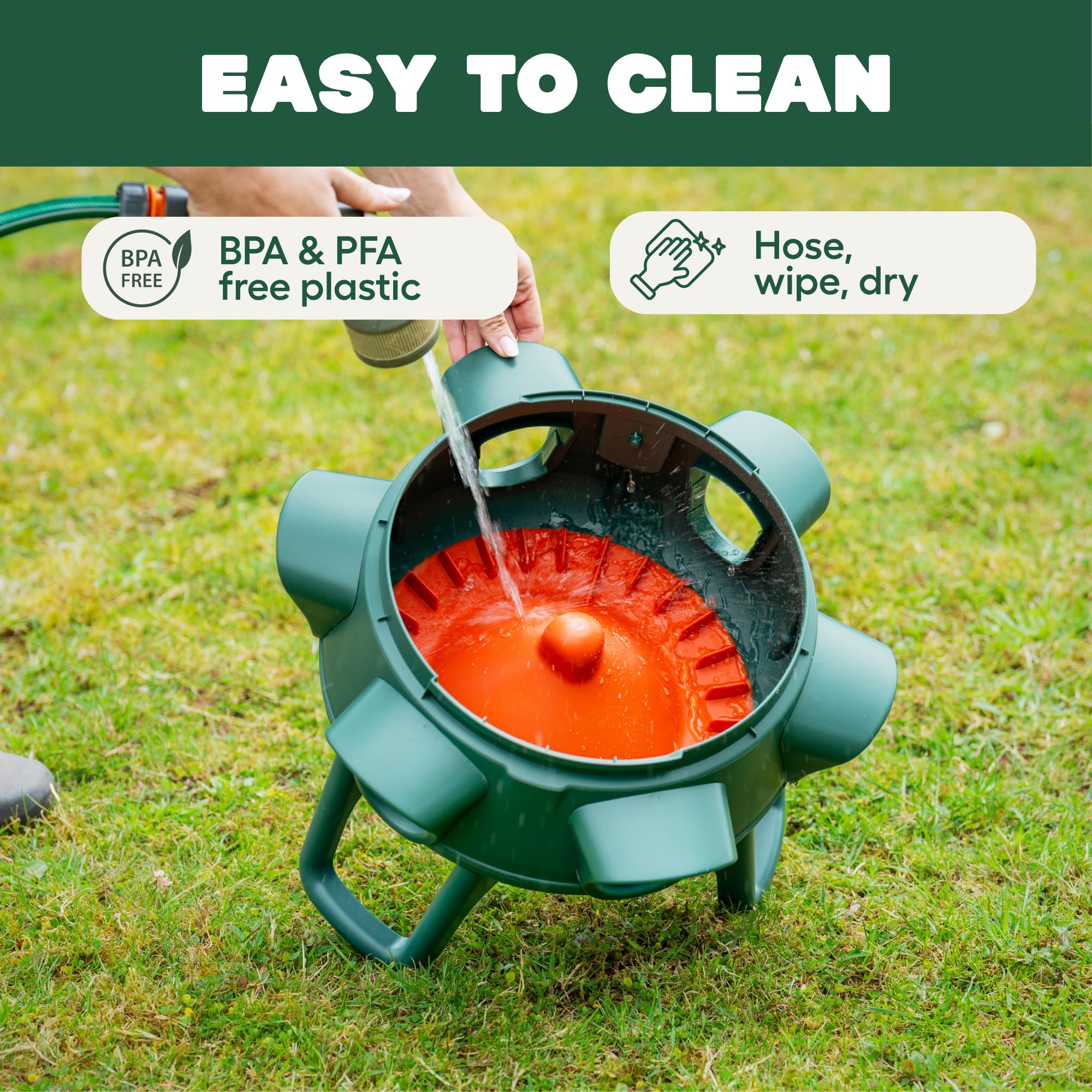 Omlet feeder placed in outdoor run with legs attached, weatherproof use