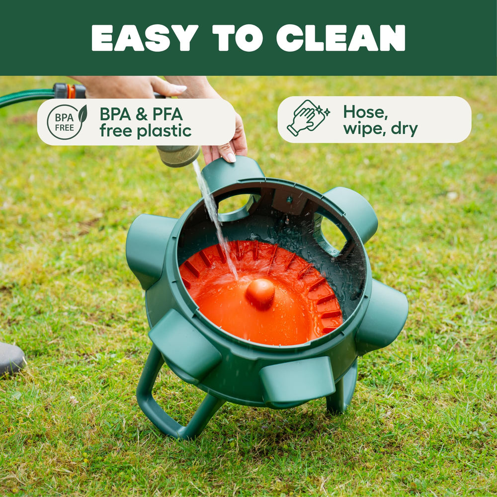 Omlet feeder placed in outdoor run with legs attached, weatherproof use