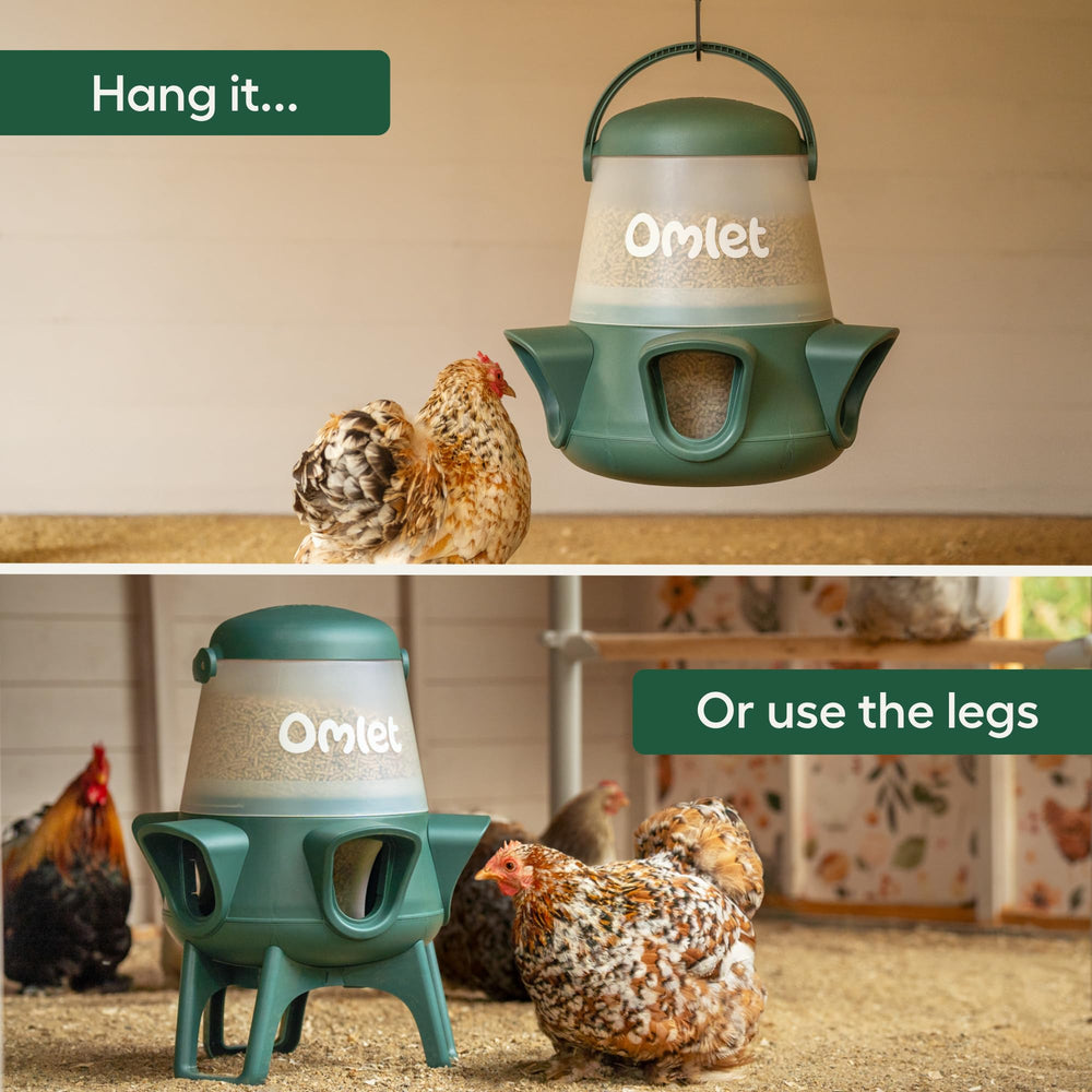 Omlet feeder outdoors illustrating weatherproof construction and freshness