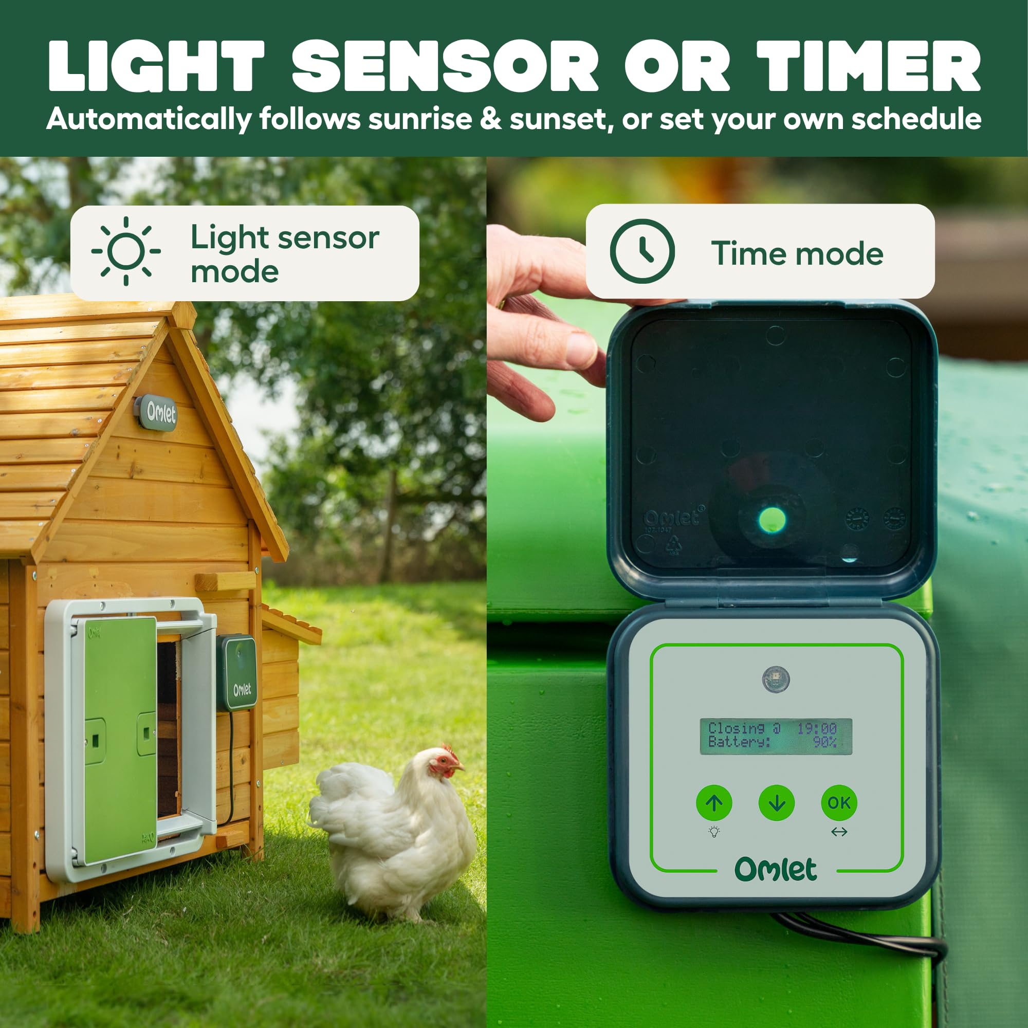 Omlet mounted on wooden coop side view for easy universal fit benefit