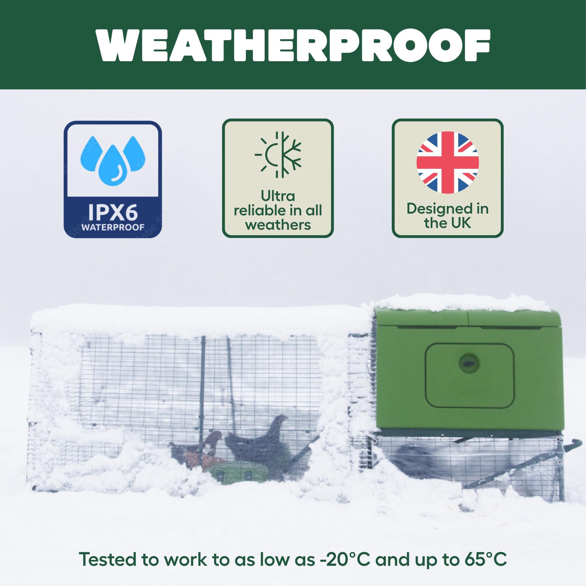 Omlet weatherproof casing in rain showing IPX6 protection benefit