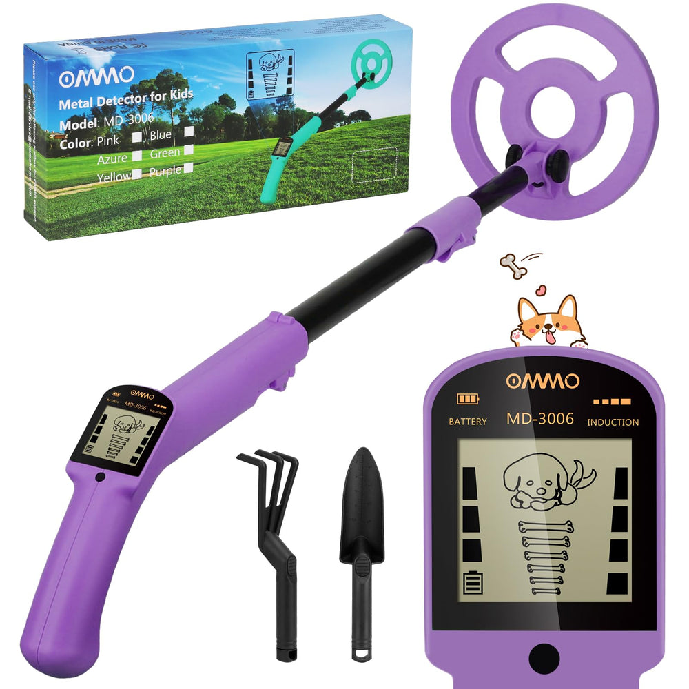 OMMO front view of purple detector showing compact, kid-friendly design and portability