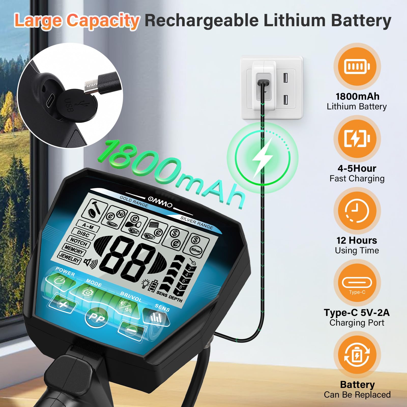 OMMO close-up of 4.3 inch backlit LCD display for easy reading in low light