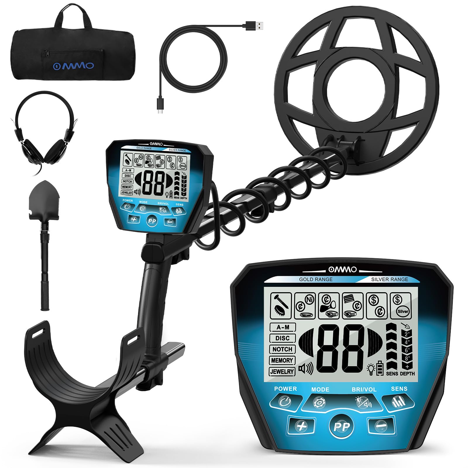 OMMO metal detector front view showing controls and blue finish, clear handling benefit