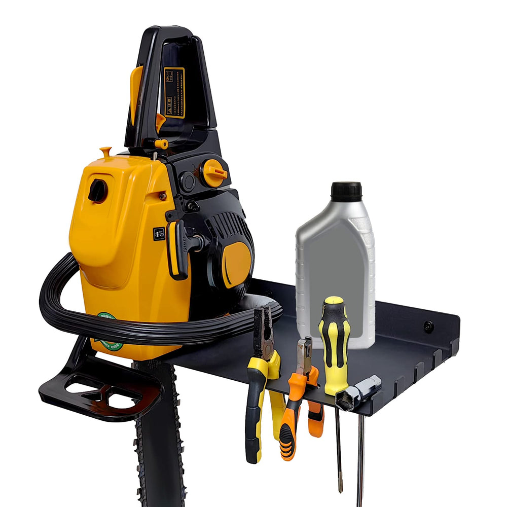OMMUU chainsaw rack front view showing secure cradle and tidy storage benefit