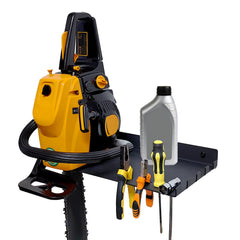 OMMUU chainsaw rack front view showing secure cradle and tidy storage benefit