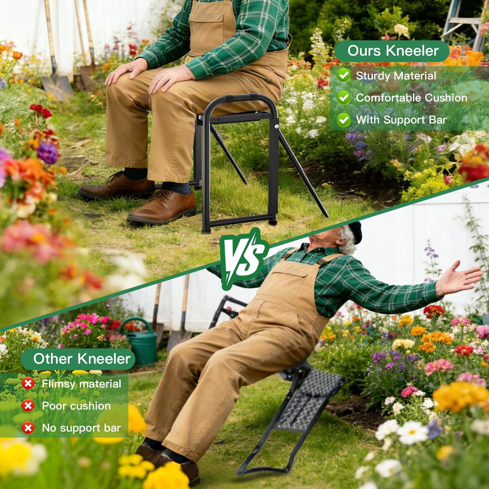 Onadak open kneeler used as a 10-inch seat for comfortable gardening