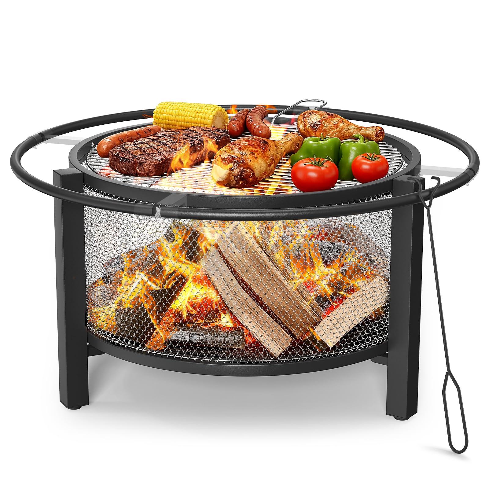 ONBRILL front view of 32-inch fire pit showing full cooking grate and bowl benefit cooking versatility