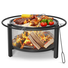 ONBRILL front view of 32-inch fire pit showing full cooking grate and bowl benefit cooking versatility