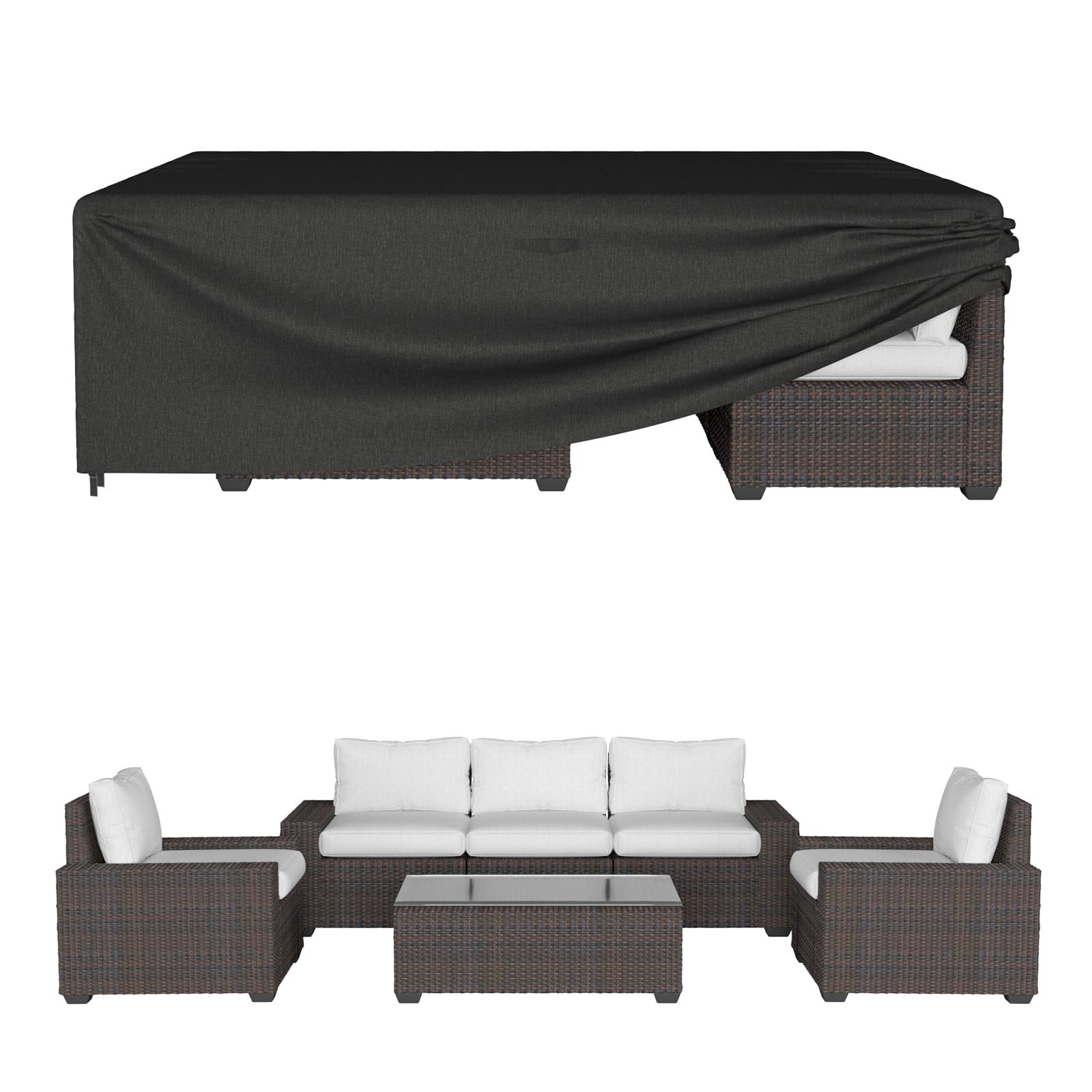 ONBRILL cover front view protecting full patio set, shows complete coverage benefit