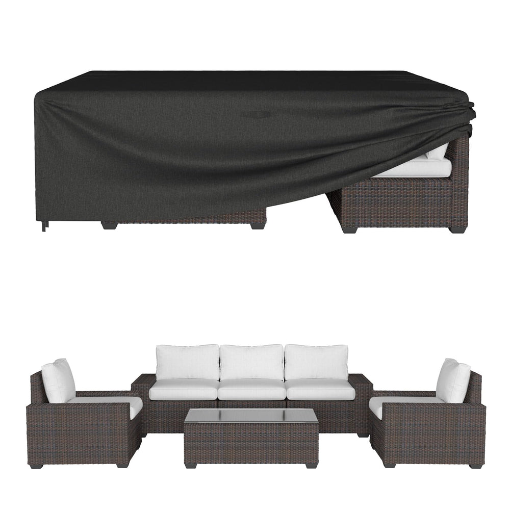 ONBRILL cover front view protecting full patio set, shows complete coverage benefit