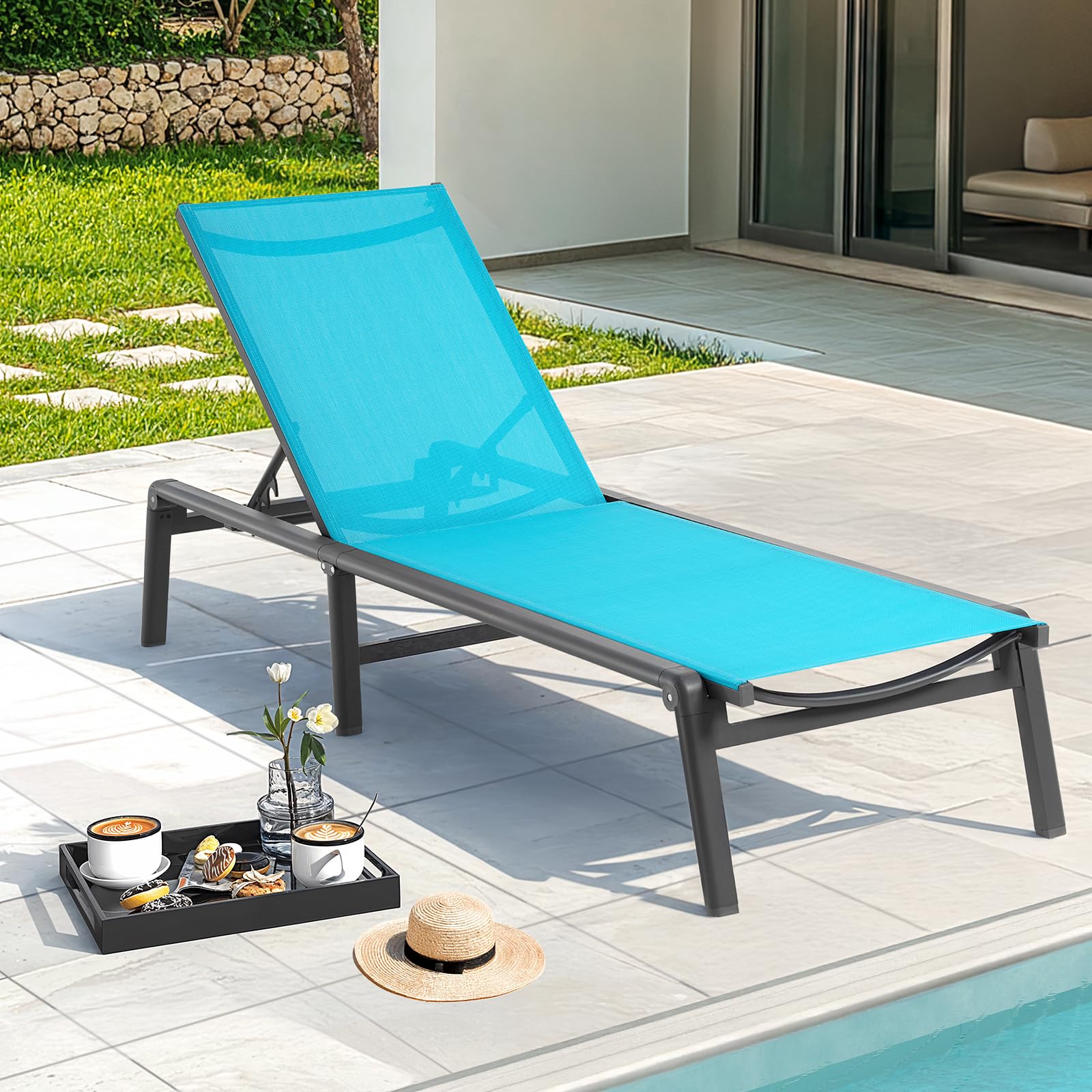 ONBRILL lake blue chaise front view showing sleek outdoor design and comfort