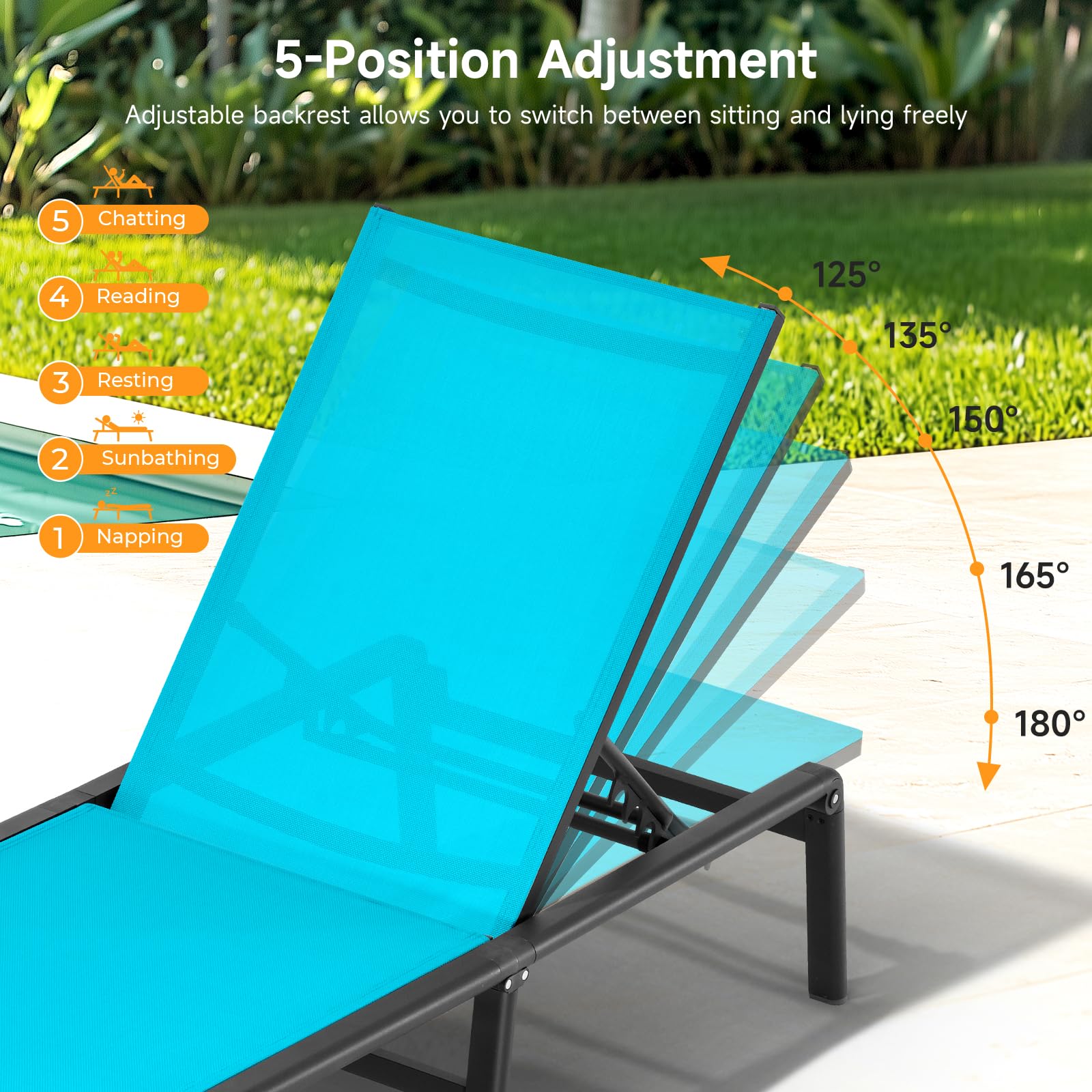 ONBRILL lake blue chaise in use poolside demonstrating relaxed lounging benefit