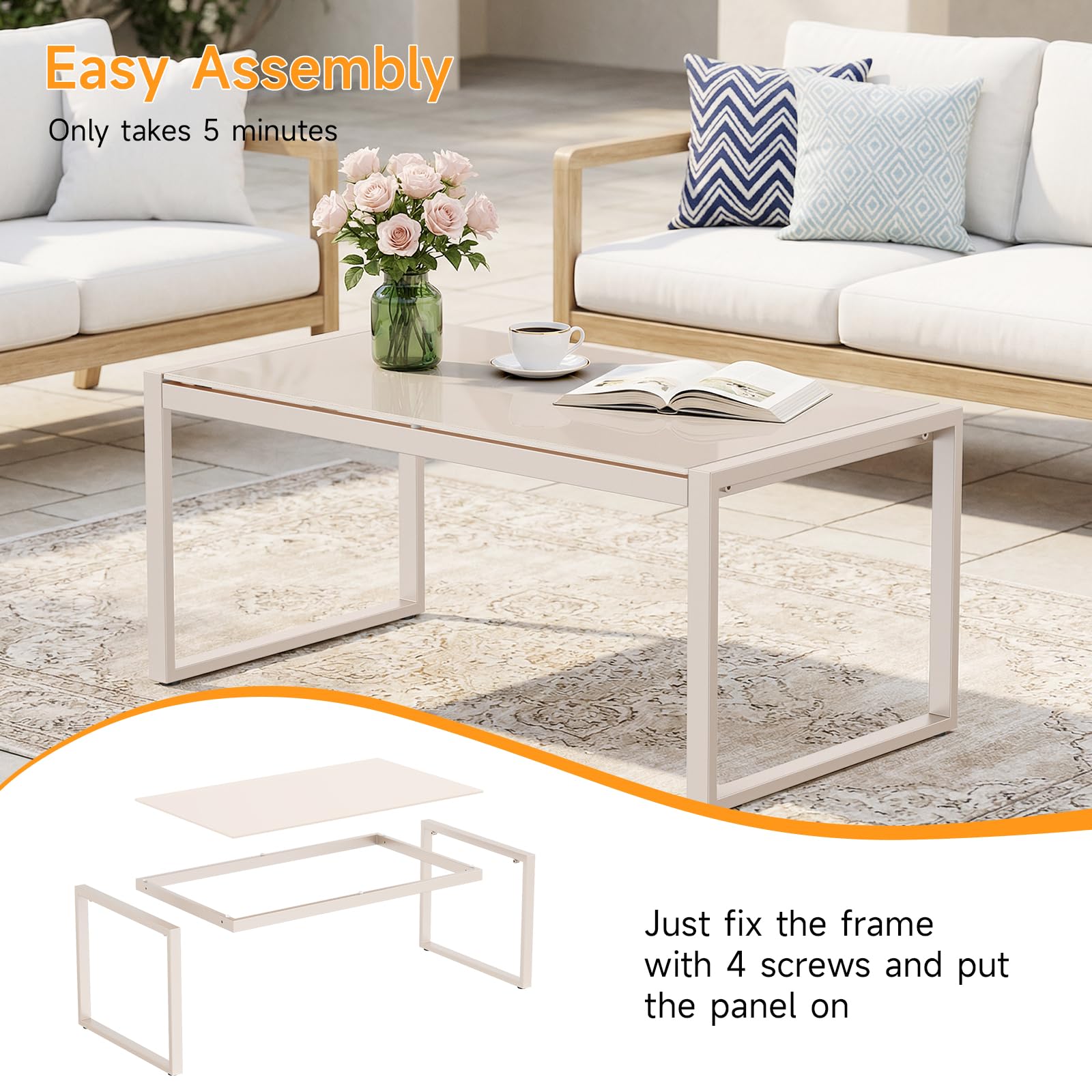 ONBRILL coffee table on patio showing outdoor-ready style and easy maintenance